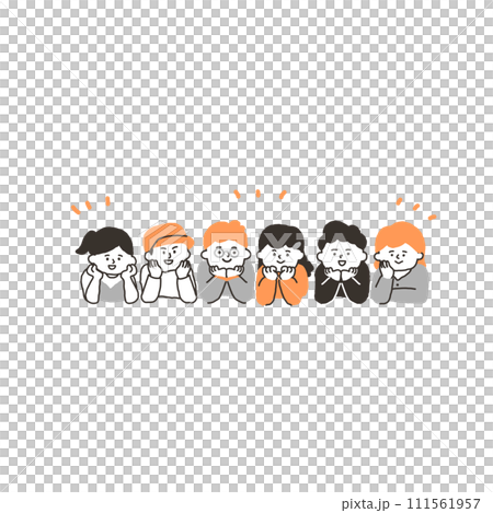 頬杖ついて笑顔で寄り添うこどもたち　全身 111561957