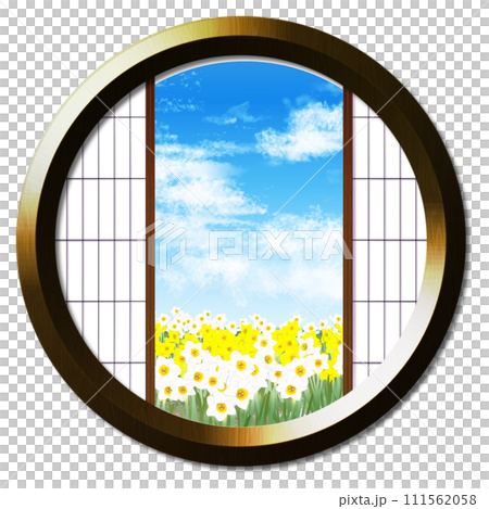 A landscape with a daffodil field seen from the round window A landscape with a daffodil field seen from the round window 111562058