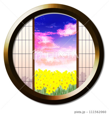 丸窓から見える夕暮れに染まる黄水仙のある風景 丸窓から見える夕暮れに染まる黄水仙のある風景 111562060