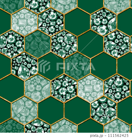 Seamless hexagon gemstones pattern. Jewels luxury background with emeralds. 111562425