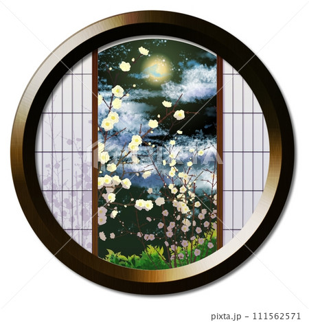 丸窓から見える月に照された白い蝋梅のある風景 111562571
