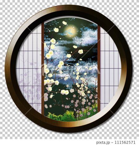 丸窓から見える月に照された白い蝋梅のある風景 111562571
