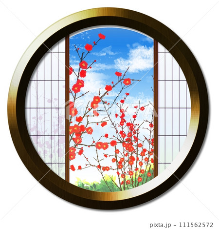 丸窓から見える赤い蝋梅のある風景 111562572