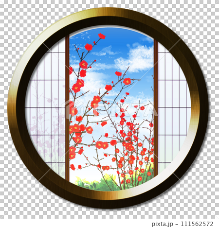 丸窓から見える赤い蝋梅のある風景 111562572