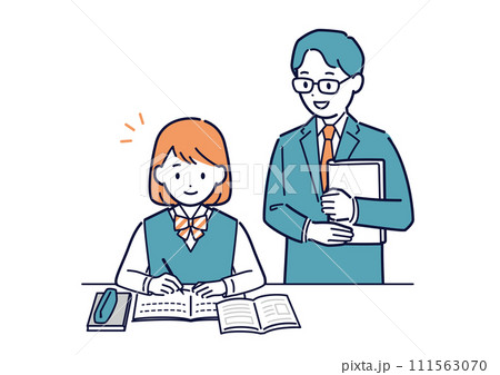 勉強する女子生徒と教える先生のベクターイラスト 111563070