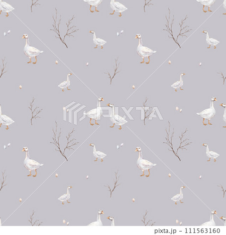 Watercolor seamless pattern with goose farm bird and pastel color eggs for Easter designs and fall tree branch. Tender watercolor plant illustration on a isolated on white background. Watercolor seamless pattern with goose farm bird and pastel color eggs for Easter designs and fall tree branch. Tender watercolor plant illustration on a isolated on white background. 111563160