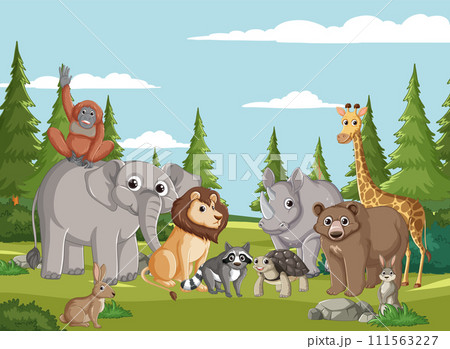 Joyful Animals in a Forest Clearing Joyful Animals in a Forest Clearing 111563227