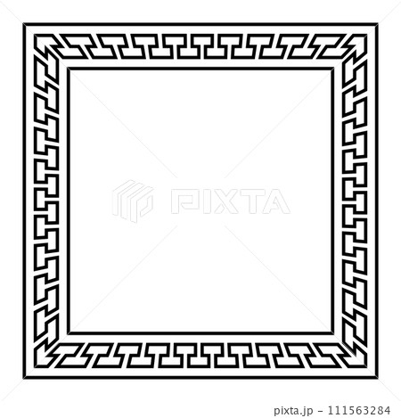 Square frame with seamless meander pattern and spatial effect. Decorative border, made of continuous lines, shaped into a repeated motif. Greek key or Greek fret. Isolated illustration over white. 111563284