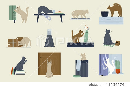 Naughty cat behavior. Cartoon kitten characters playing, scratching, destroying, doing funny mischief. Vector funny home pets collection 111563744