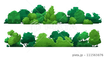 Cartoon green hedge. Floral shrub with leaves, botanical garden plants with branches, simple stylized bush fence. Vector isolated set Cartoon green hedge. Floral shrub with leaves, botanical garden plants with branches, simple stylized bush fence. Vector isolated set 111563876