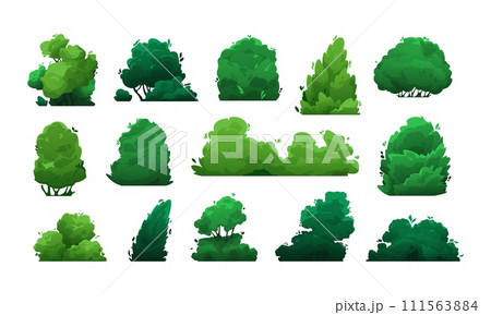 Cartoon bushes. Green shrubs and trees for garden, hedge and field, floristic decorative elements in flat style. Vector isolated set 111563884