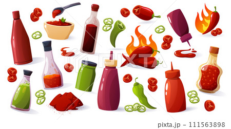 Cartoon hot sauce. Mexican spicy ketchup wasabi mustard with chilli peppers, spicy sauce food ingredients. Vector isolated set 111563898