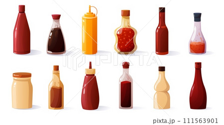 Cartoon sauce bottles. Traditional spicy ketchup mayonnaise mustard soy sauce packaging, fast food condiment ingredients for barbecue. Vector set 111563901