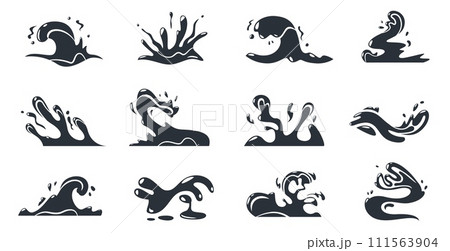 Cartoon wave silhouettes. Black stream splatter symbol and wet flow elements, abstract wind motion ocean waves. Vector isolated set 111563904