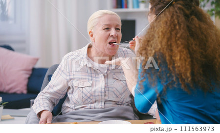 Caring nurse spoon feeding senior woman with disability, private home care services Caring nurse spoon feeding senior woman with disability, private home care services 111563973