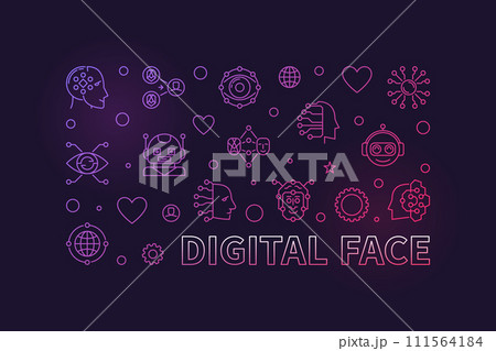 Digital Face concept line horizontal vector colorful banner - AI Bot Technology illustration 111564184