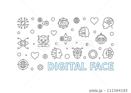 Digital Face line horizontal vector banner. AI Bot Technology illustration 111564185