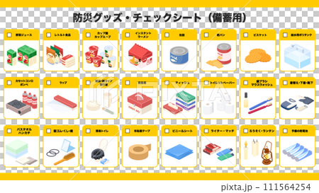 Check sheet for disaster prevention goods drawn in isometric style 111564254