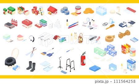アイソメトリックで描いた防災グッズのイラストセット アイソメトリックで描いた防災グッズのイラストセット 111564258