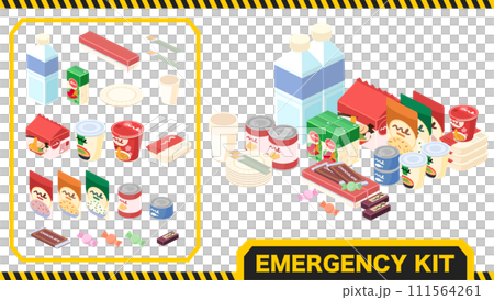 Isometric illustration set of emergency food Isometric illustration set of emergency food 111564261