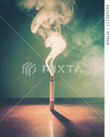 Closeup cigarette on the table emits dense toxic smoke in the room. Smoking danger concept. Addiction to poisonous tobacco 111564284
