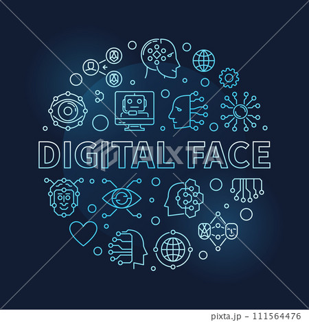 Digital Face concept line round vector blue banner - AI Bot Technology illustration 111564476
