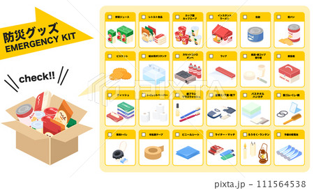アイソメトリックで描いた防災グッズのチェックシート 111564538