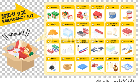 以等距樣式繪製的防災物品檢查表 以等距樣式繪製的防災物品檢查表 111564538