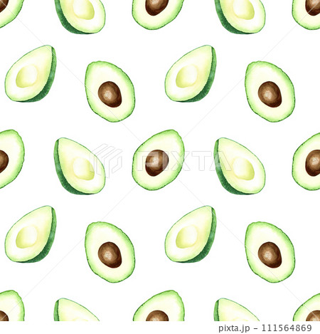 Watercolor seamless repeat pattern with green avocado. Hand drawn food illustration isolated on white background. For wrapping wallpaper fabric textile 111564869
