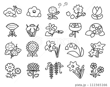 かわいい花の素材セット・モノクロ かわいい花の素材セット・モノクロ 111565166