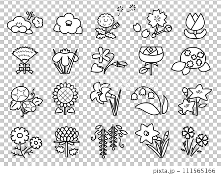 かわいい花の素材セット・モノクロ かわいい花の素材セット・モノクロ 111565166
