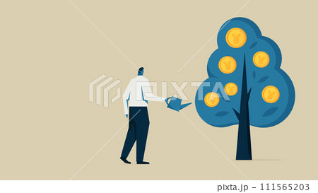 円硬貨のなる木に水をやって成長させている男性 111565203