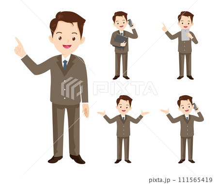 business man or office worker character with various poses, face emotions and gestures. Talking on the phone ,present,point 111565419