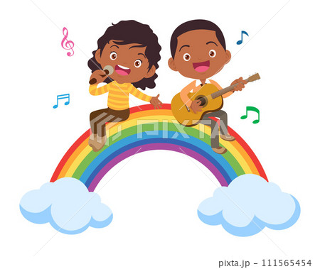Play music concept of children group on rainbow 111565454