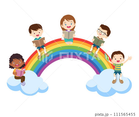 Boy and girls learning.children reading on rainbow.  Back to School. kids education 111565455