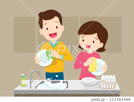 Husband and Wife washing dishes at home 111565466