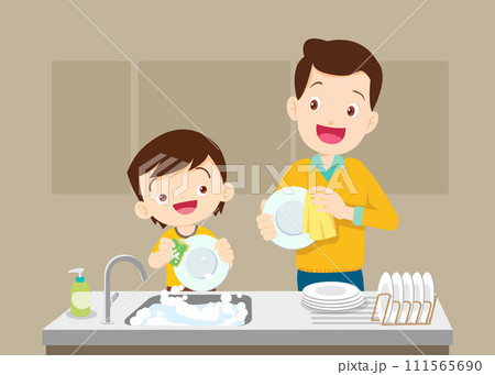 Happy kid helping family washing dishes at home Happy kid helping family washing dishes at home 111565690