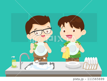 happy cute little boy and girl washing dish together happy cute little boy and girl washing dish together 111565699