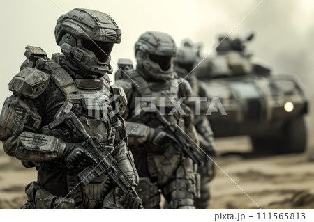 AI-generated content. This photo captures a group of soldiers marching together in formation down a rugged dirt road. 111565813