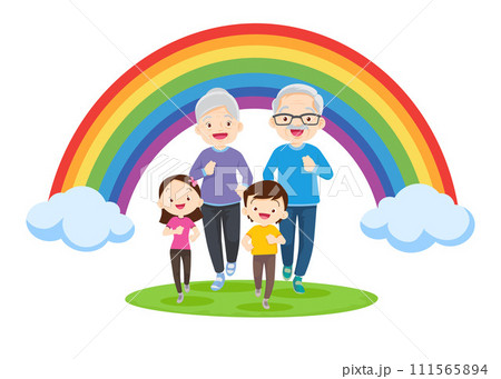 big family Exercise together for good health rainbow background 111565894