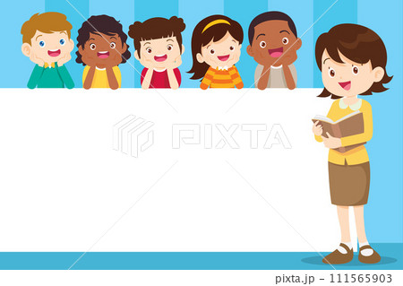 Teacher and children on blank signs presentation.children and banner.Boy ,Girl on blank papers Teacher and children on blank signs presentation.children and banner.Boy ,Girl on blank papers 111565903