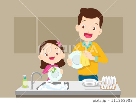 Happy kid helping family washing dishes at home Happy kid helping family washing dishes at home 111565908
