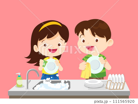 happy cute little boy and girl washing dish together 111565920