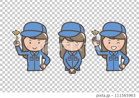 女性作業員、清掃員の上半身ポーズセット_謝る_ポイント_了解 女性作業員、清掃員の上半身ポーズセット_謝る_ポイント_了解 111565963