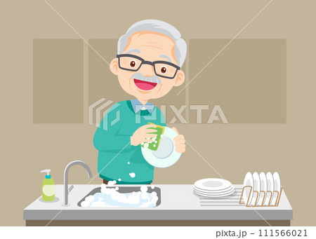 Happy kid helping family washing dishes at home Happy kid helping family washing dishes at home 111566021