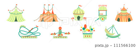 Fairground with Tent, Ice Cream Stall and Carousel Vector Set 111566100