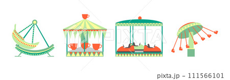 Fairground with Carousel and Roundabout Attraction Vector Set 111566101