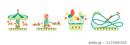 Fairground with Carousel, Balloon and Rollercoaster Vector Set 111566102
