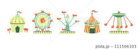 Fairground with Tent, Ferris Wheel and Carousel Vector Set 111566103