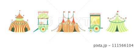 Fairground with Tent, Ice Cream and Popcorn Stall Vector Set 111566104